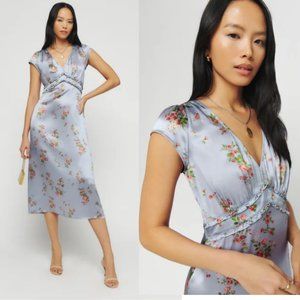 Reformation Kaye Silk Midi Dress SZ 4 Melba Floral V-neck Ruffles Cap Sleeves